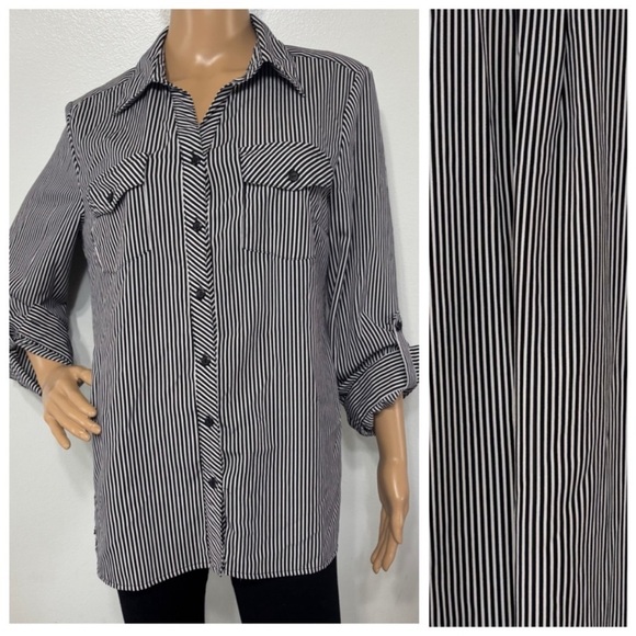Notations Women’s Black/White Striped Button Down Shirt Size L large - Picture 1 of 6